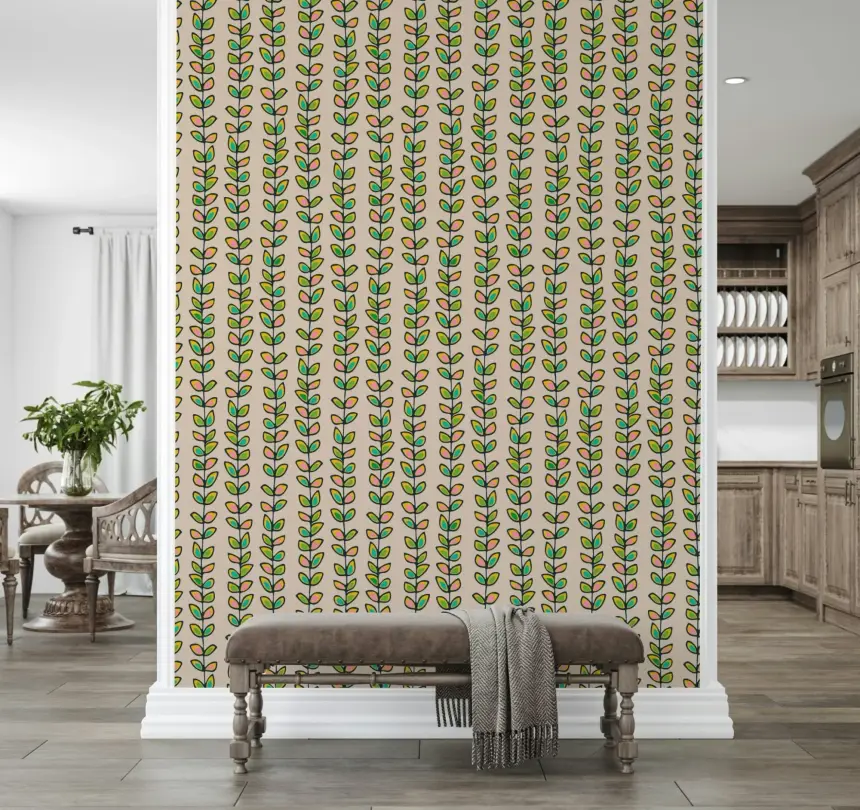 Climbing Vines Stripe Retro Leaves Off-White Wallpaper