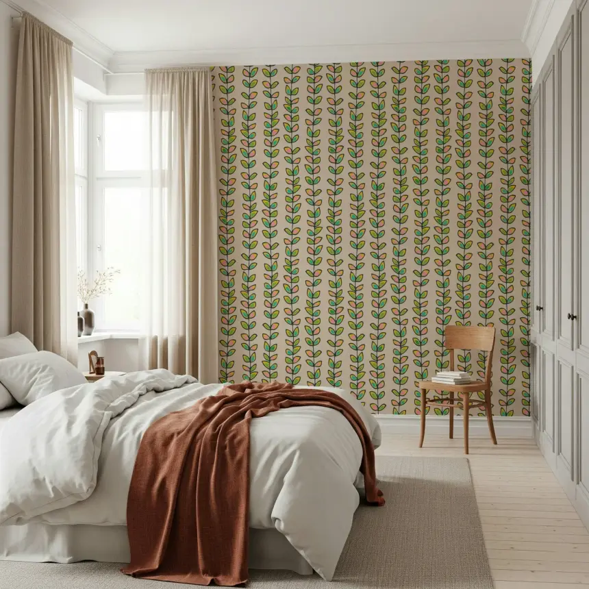 Climbing Vines Stripe Retro Leaves Off-White Wallpaper