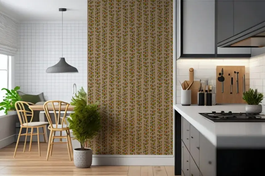 Climbing Vines Stripe Retro Leaves Warm Beige Wallpaper
