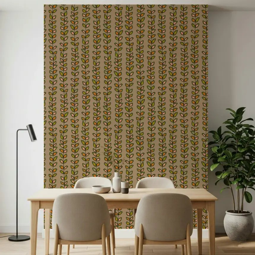 Climbing Vines Stripe Retro Leaves Warm Beige Wallpaper