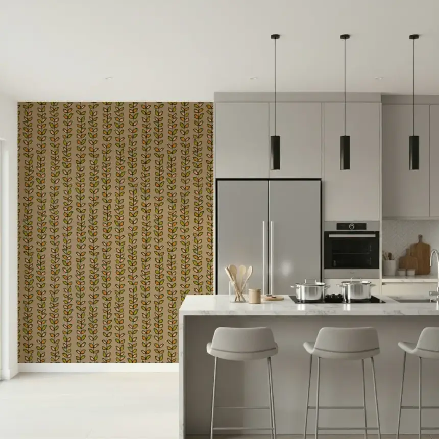 Climbing Vines Stripe Retro Leaves Warm Beige Wallpaper