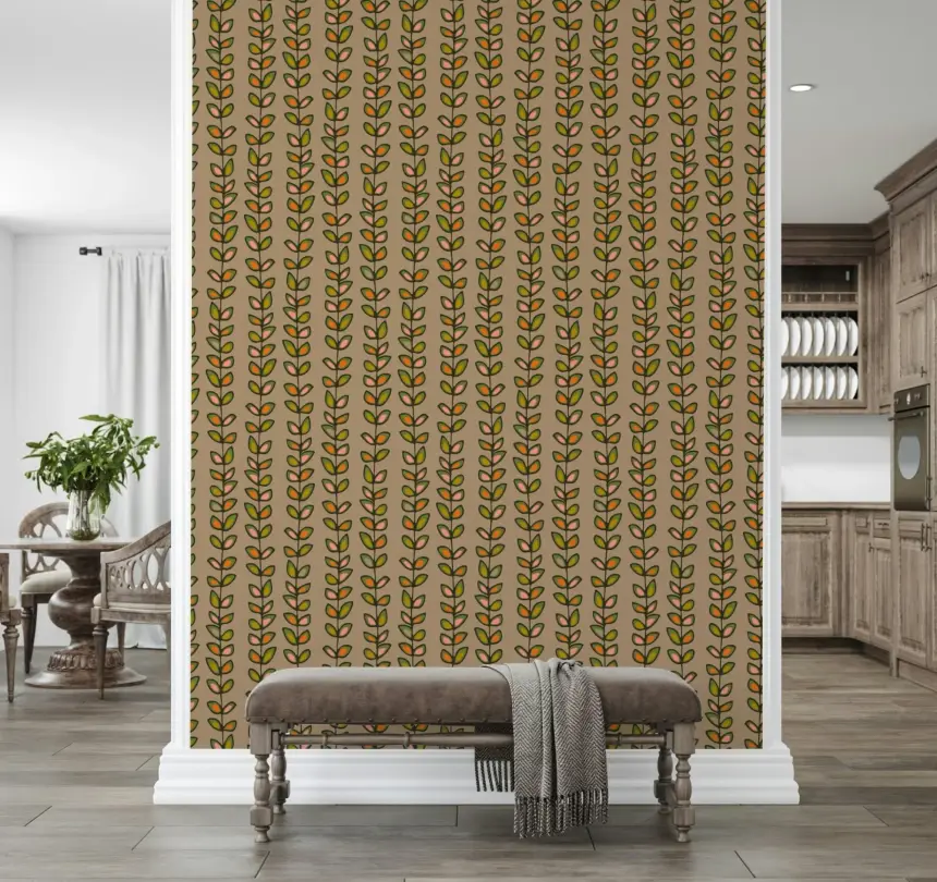 Climbing Vines Stripe Retro Leaves Warm Beige Wallpaper