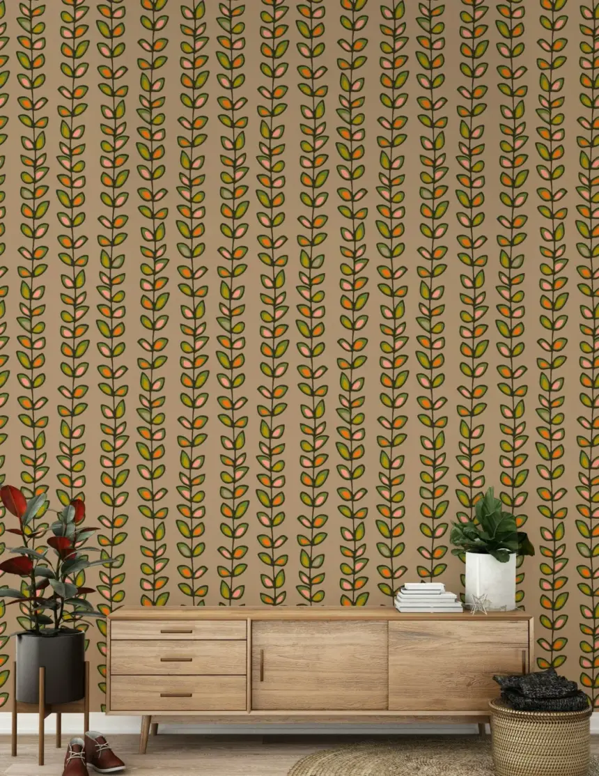 Climbing Vines Stripe Retro Leaves Warm Beige Wallpaper