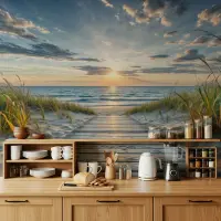 Tranquil Beach Boardwalk Sunset Wall Mural