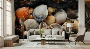 Coastal Seashells and Fishing Net Wall Mural