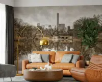 Central Park Lake Reflection Cityscape Wall Mural