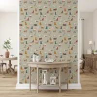 Playful Feline Pattern Sage Green Wallpaper