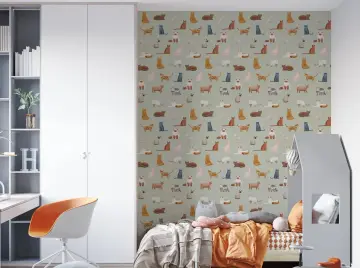Playful Feline Pattern Sage Green Wallpaper