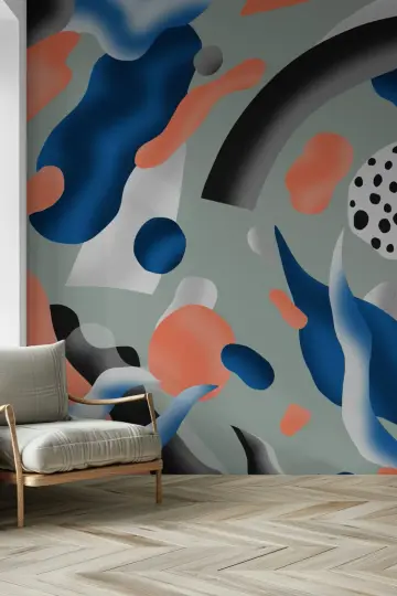 Abstract Coral and Blue Organic Shapes Wall Mural