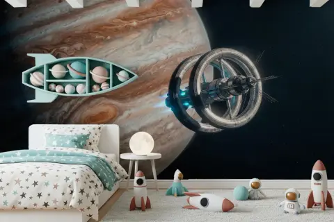 Jupiter and Space Station Kids Wall Mural