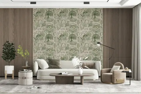 Charming Green Village Life Pattern Wallpaper