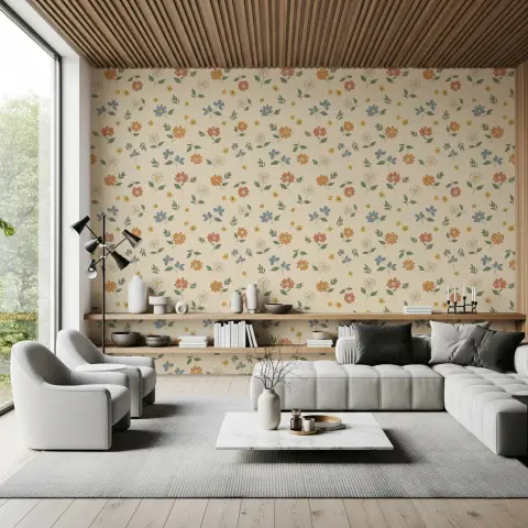Multicolor Scattered Floral Pattern Cream Wallpaper