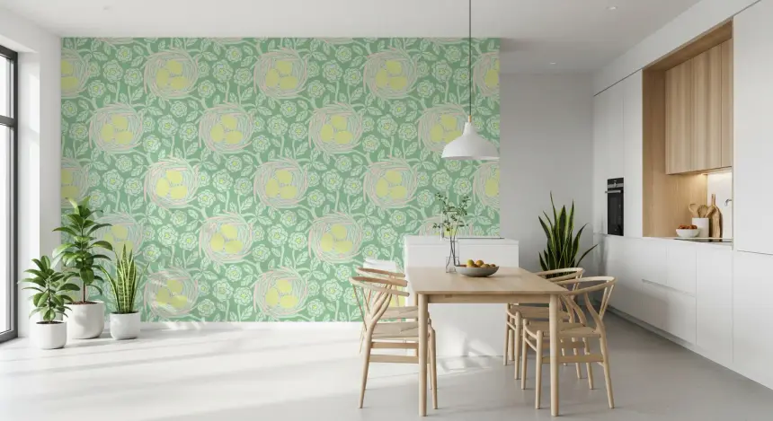 Cozy Nest Cottagecore Spring Floral Bird Eggs Pastel Yellow Green Wallpaper