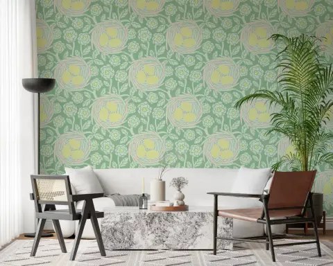 Spring Bird Nest and Floral Pattern Wallpaper