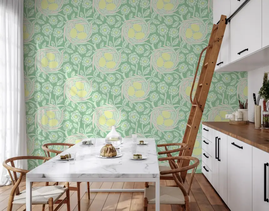 Cozy Nest Cottagecore Spring Floral Bird Eggs Pastel Yellow Green Wallpaper