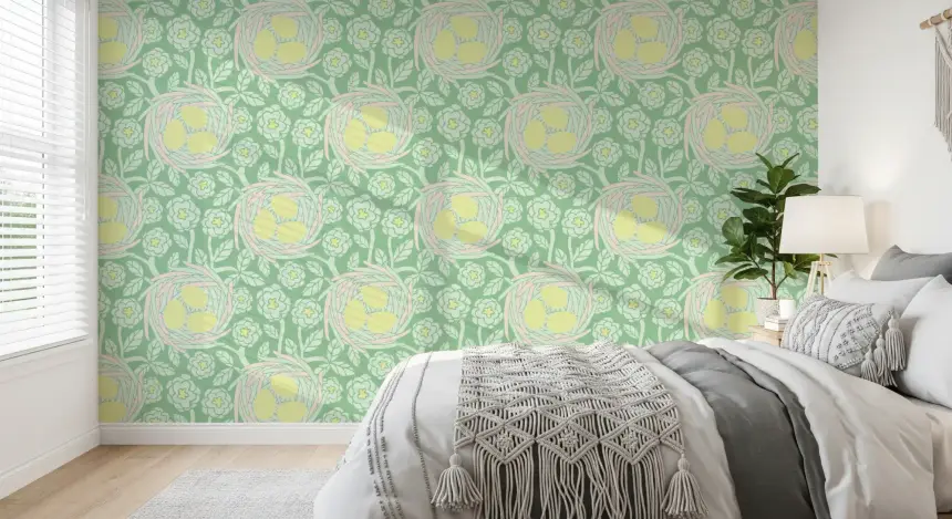 Cozy Nest Cottagecore Spring Floral Bird Eggs Pastel Yellow Green Wallpaper