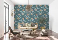 Modern Teal Floral Pattern Wallpaper with Orange Accents