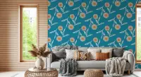 Teal Botanical Folk Art Pattern Wallpaper
