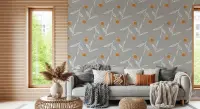 Contemporary Grey Orange Floral Pattern Wallpaper