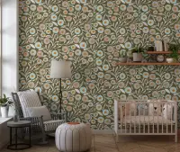 Olive Green Folk Floral Wallpaper with Blue and Orange Blooms