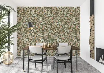 Olive Green Folk Floral Wallpaper with Blue and Orange Blooms