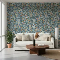 Teal Folk Floral Pattern Wallpaper with Stylized Blooms