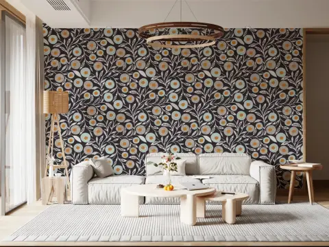 Charcoal Folk Floral Blossom Pattern Wallpaper