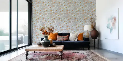 Modern Folk Floral Grey and Orange Wallpaper