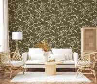 Botanical Leaf Vine Pattern Olive Green Wallpaper