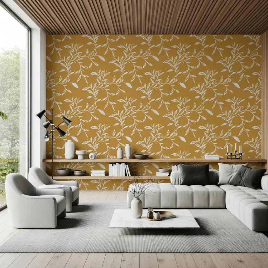 Cozy Scandi Folk Leaf Vine Honey Mustard - Craft Blender Wallpaper