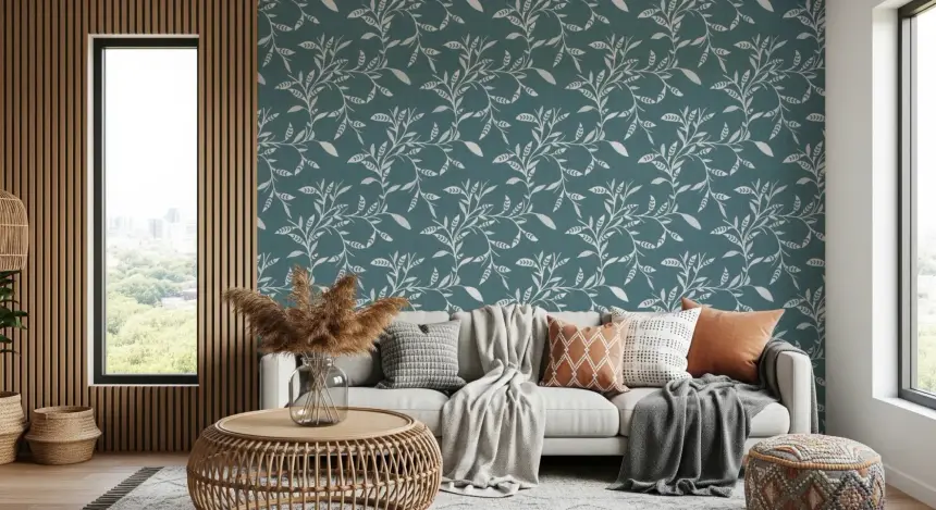 Cozy Scandi Folk Leaf Vine Nordic Blue Grey - Craft Blender Wallpaper