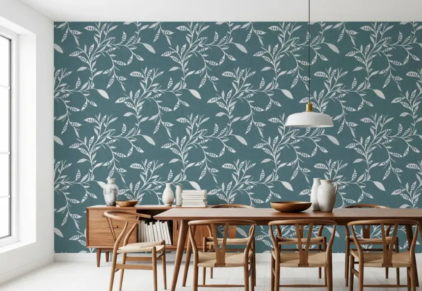 Cozy Scandi Folk Leaf Vine Nordic Blue Grey - Craft Blender Wallpaper