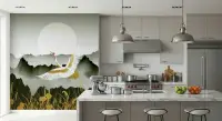 Golden Crane and Misty Mountains Wall Mural