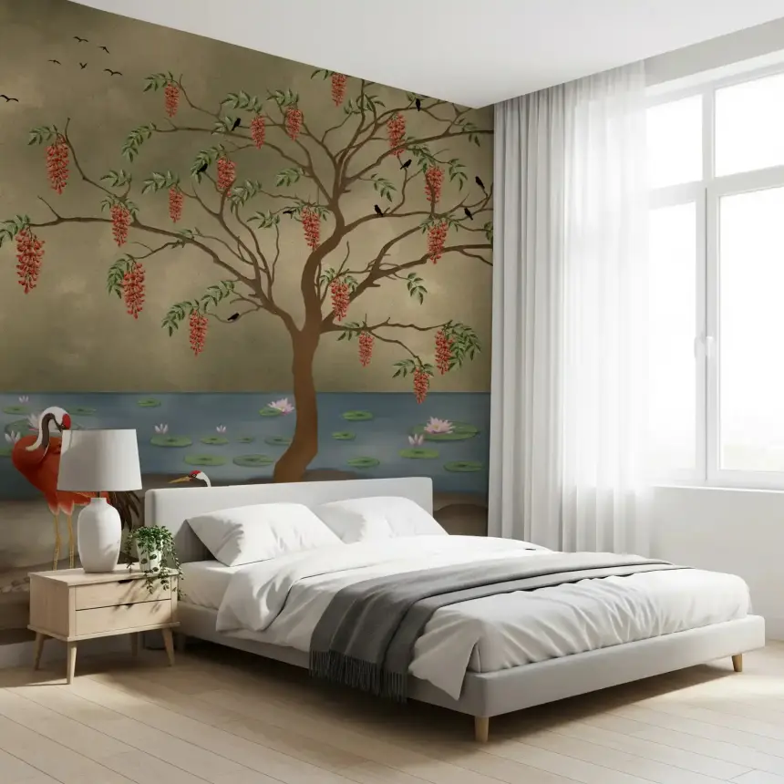 Crimson Cranes by Lotus Lake Wall Mural
