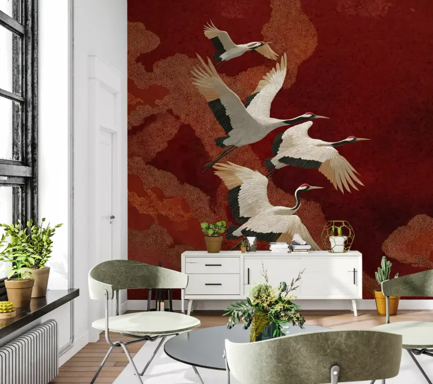 Crimson Sky Crane Dance Wall Mural