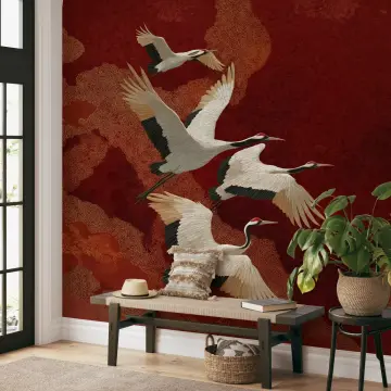 Majestic Cranes on Crimson Cloud Wall Mural