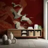 Majestic Cranes on Crimson Cloud Wall Mural 3