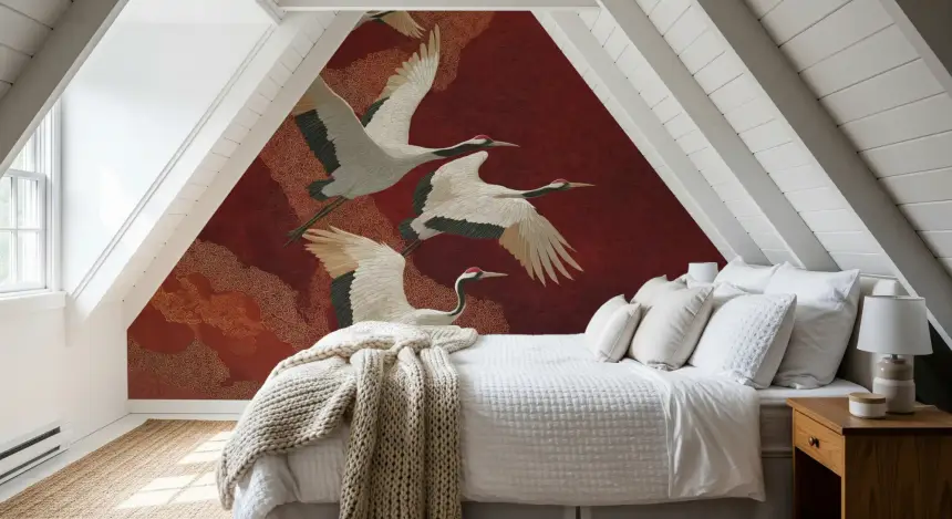 Crimson Sky Crane Dance Wall Mural