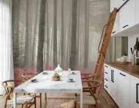 Misty Pine Forest with Crimson Undergrowth Wall Mural
