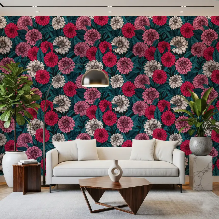Dahlia Garden/Pink/Red and White Flowers/Blue Leaves Wallpaper