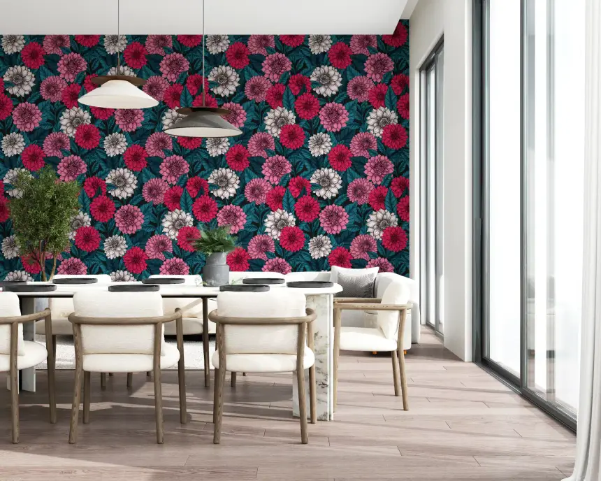 Dahlia Garden/Pink/Red and White Flowers/Blue Leaves Wallpaper