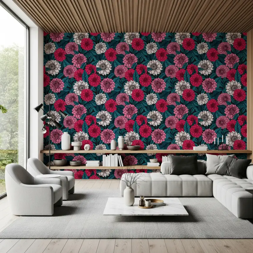 Dahlia Garden/Pink/Red and White Flowers/Blue Leaves Wallpaper