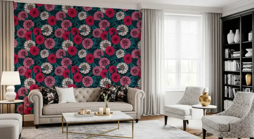 Dahlia Garden/Pink/Red and White Flowers/Blue Leaves Wallpaper