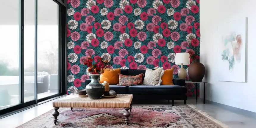 Dahlia Garden/Pink/Red and White Flowers/Blue Leaves Wallpaper