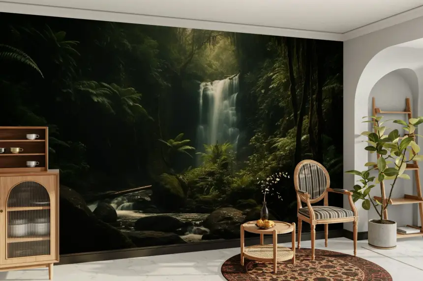 Dark Forest with Waterfall Wall Mural