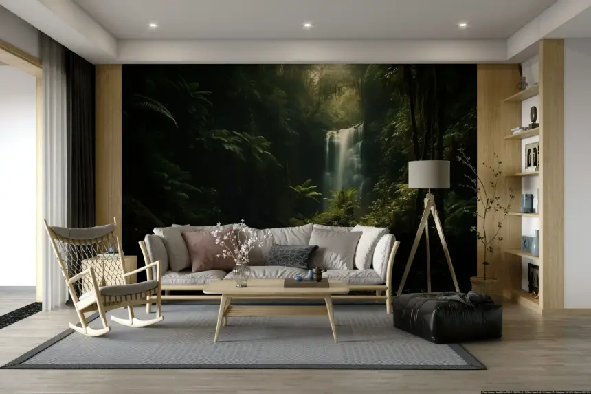 Dark Forest with Waterfall Wall Mural