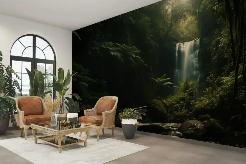 Dark Forest with Waterfall Wall Mural