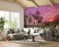 Vibrant Sunset Church and Graveyard Wall Mural