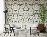 Elegant Hawkmoth and Vine Botanical Pattern Wallpaper