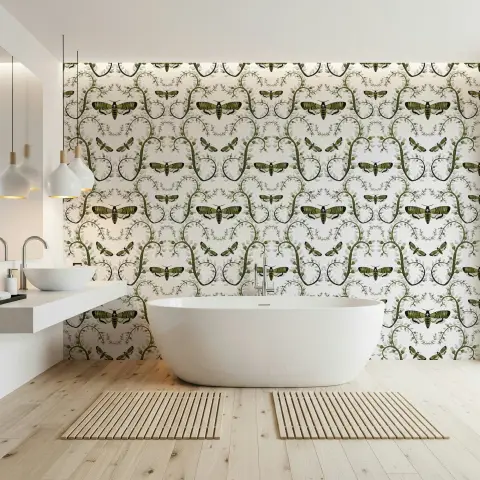 Elegant Hawkmoth and Vine Botanical Pattern Wallpaper